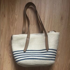 Stylish Tan and Blue Striped Tote Bag